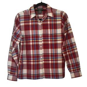 Lauren Ralph Lauren Women's Shirt 100% Silk Petite Size Medium Red Plaid Print